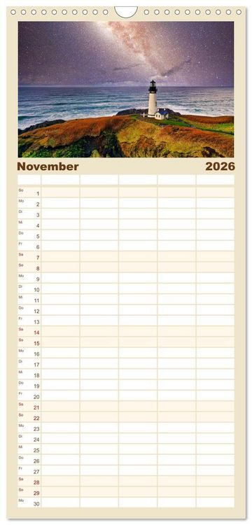 Produktbild: Familienplaner 2026 - Leuchtt&uuml;rme - An den sch&ouml;nsten K&uuml;sten. mit 5 Spalten (Wandkalender, 21 x 45 cm) CALVENDO