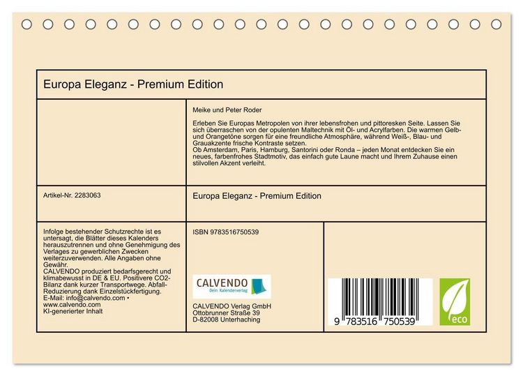 Produktbild: Europa Eleganz - Premium Edition (Tischkalender 2027 DIN A5 quer), CALVENDO Monatskalender
