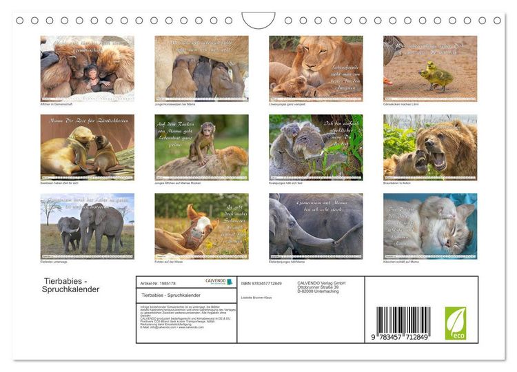 Produktbild: Tierbabies - Spruchkalender (Wandkalender 2026 DIN A4 quer), CALVENDO Monatskalender