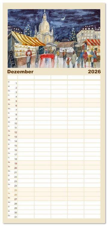 Produktbild: Familienplaner 2026 - Dresden und das Elbtal - Ein Aquarellkalender von Claudia Pinkau mit 5 Spalten (Wandkalender, 21 x 45 cm) CALVENDO
