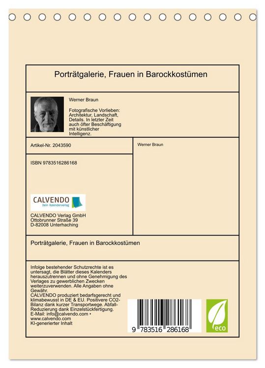 Produktbild: Portr&auml;tgalerie, Frauen in Barockkost&uuml;men (Tischkalender 2026 DIN A5 hoch), CALVENDO Monatskalender