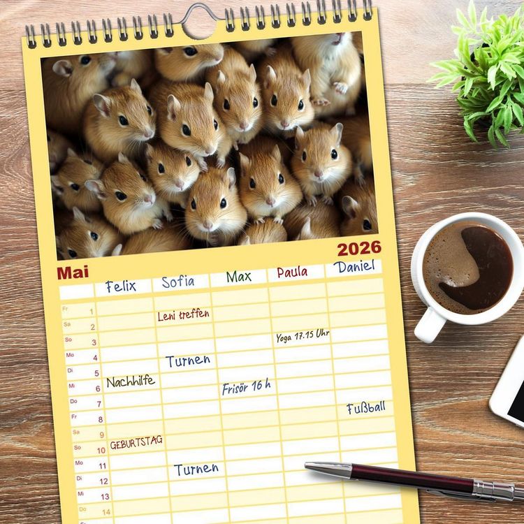 Produktbild: Familienplaner 2026 - Kuschelblicke mit 5 Spalten (Wandkalender, 21 x 45 cm) CALVENDO