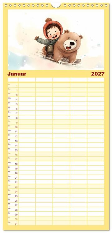 Produktbild: Familienplaner 2027 - B&auml;rige Illustrationen mit 5 Spalten (Wandkalender, 21 x 45 cm) CALVENDO