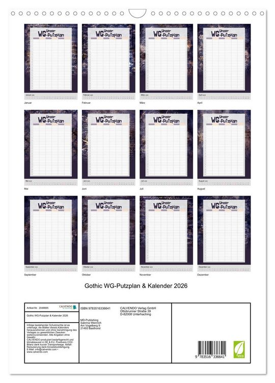 Produktbild: Gothic WG-Putzplan & Kalender 2026 (Wandkalender 2026 DIN A3 hoch), CALVENDO Monatskalender