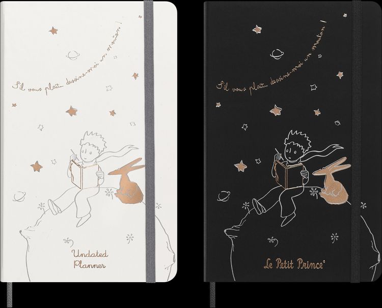 Produktbild: Moleskine der kleine Prinz Sammlerbox, liniertes Notizbuch L/A5 schwarz, undatierter 12-Monats-Notizkalender L/A5 fester Einband grau