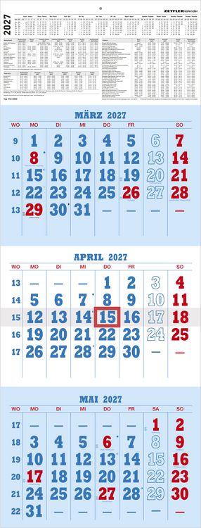 Produktbild: 3-Monatskalender blau/rot 2027