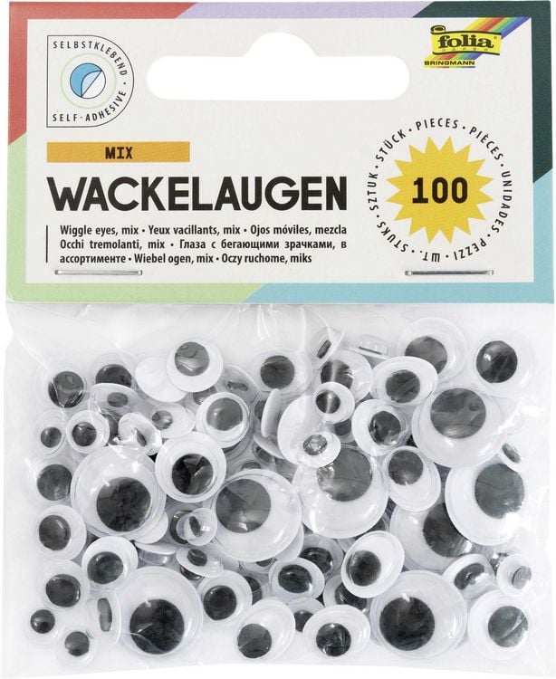 Produktbild: Folia Wackelaugen selbstklebend, 6 Gr&ouml;&szlig;en rund, 100er Set wei&szlig;