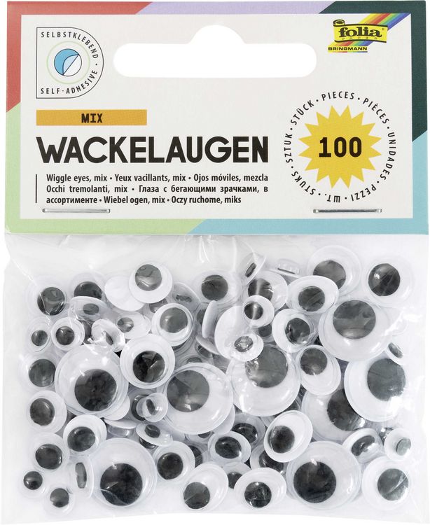 Produktbild: Folia Wackelaugen selbstklebend, 6 Gr&ouml;&szlig;en rund, 100er Set wei&szlig;