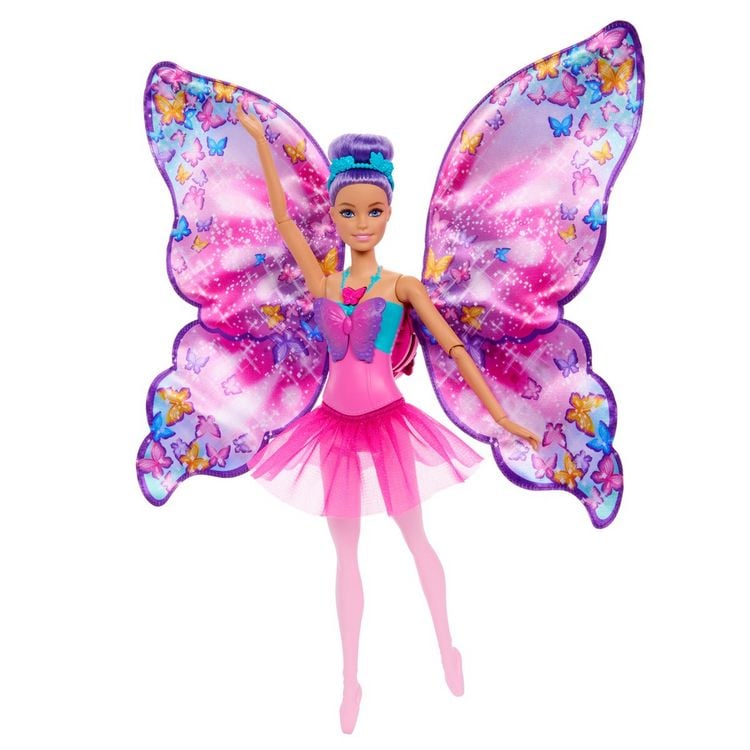Produktbild: Barbie Tanz und Flatter Puppe mit 2-in-1-Verwandlung von der Tänzerin zum Schmetterling, violette Haare