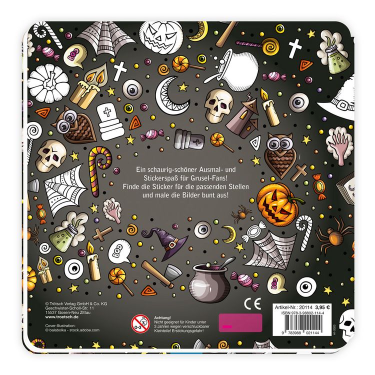 Produktbild: TR&Ouml;TSCH - Gruselmalbuch mit Stickern | Halloween Malbuch mit s&uuml;&szlig;en Gruselmotiven, Stickern und Bastelideen | Halloween Ausmalbilder f&uuml;r Buntstifte, Wasserfarben und Wachsmalstifte | Ab 5 Jahren