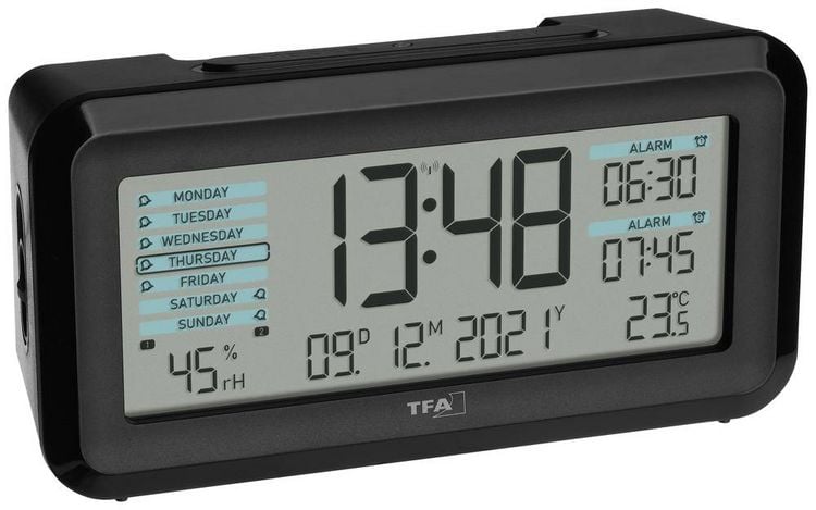 Produktbild: TFA Dostmann 60.2562.01.GB Funk Wecker Schwarz, Hellblau Alarmzeiten 2 Gro&szlig;es Display