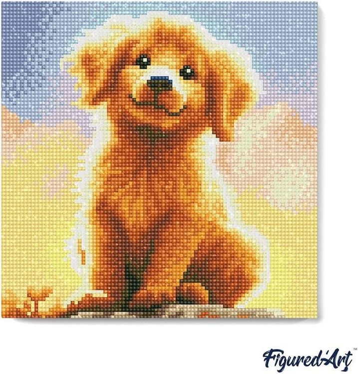 Produktbild: FiguredArt DP-SFA185-Y - Mini Diamond Painting, S&uuml;&szlig;er Golden Retriever Welpe, Leinwand-Keilrahmen (25x25cm), DIY Bastelset