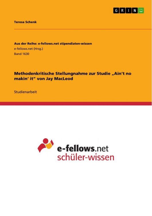 Produktbild: Methodenkritische Stellungnahme zur Studie "Ain't no makin' it" von Jay MacLeod