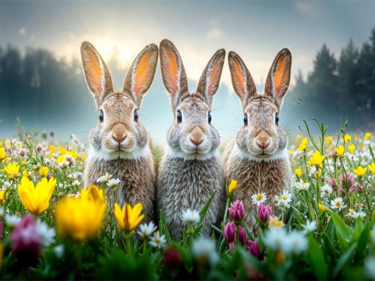 Produktbild: CALVENDO Puzzle Drei Hasen genie&szlig;en die ersten warmen Sonnenstrahlen auf einer bunten Blumenwiese | 1000 Teile Lege-Gr&ouml;&szlig;e 64x48cm Foto-Puzzle f&uuml;r gl&uuml;c