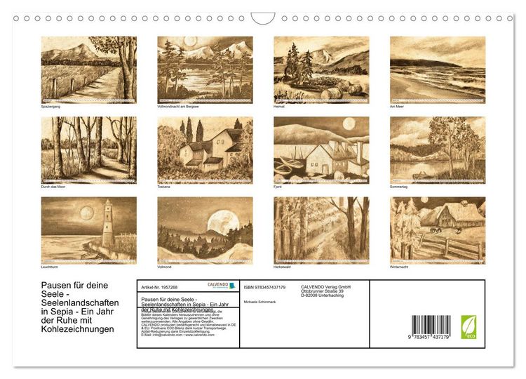 Produktbild: Pausen f&uuml;r deine Seele - Seelenlandschaften in Sepia - Ein Jahr der Ruhe mit Kohlezeichnungen (Wandkalender 2026 DIN A3 quer), CALVENDO Monatskalender