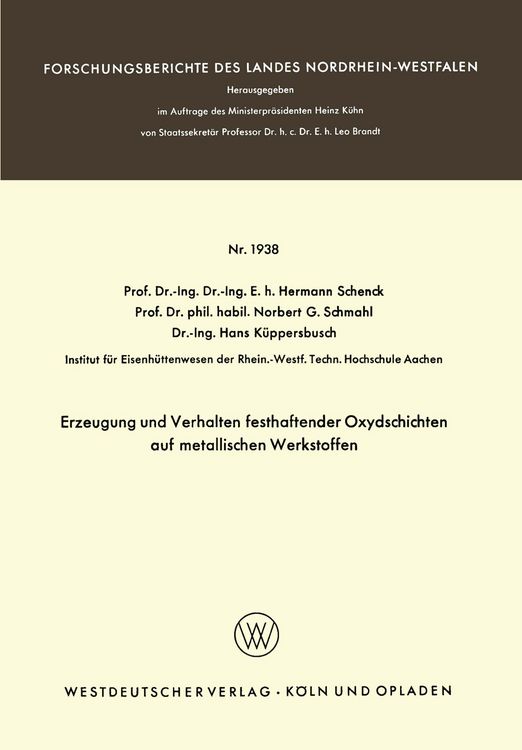 Produktbild: Erzeugung und Verhalten festhaftender Oxydschichten auf metallischen Werkstoffen