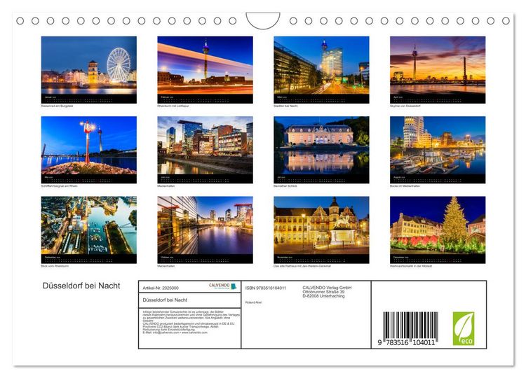 Produktbild: D&uuml;sseldorf bei Nacht (Wandkalender 2026 DIN A4 quer), CALVENDO Monatskalender