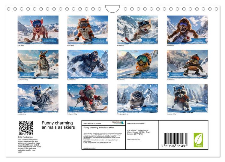 Produktbild: Funny charming animals as skiers (Wall Calendar 2026 DIN A4 landscape), CALVENDO 12 Month Wall Calendar