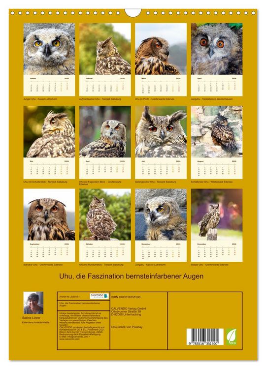 Produktbild: Uhu, die Faszination bernsteinfarbener Augen (Wandkalender 2026 DIN A3 hoch), CALVENDO Monatskalender
