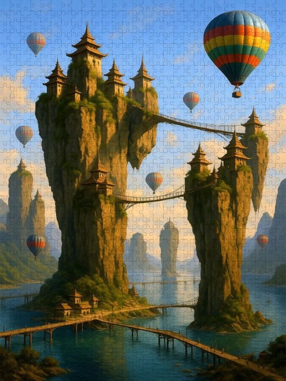Produktbild: CALVENDO Puzzle Besuch in der Klippenstadt - Hei&szlig;luftballons in Fantasy Landschaft | 1000 Teile Lege-Gr&ouml;&szlig;e 64x48cm Foto-Puzzle f&uuml;r gl&uuml;ckliche Stunden