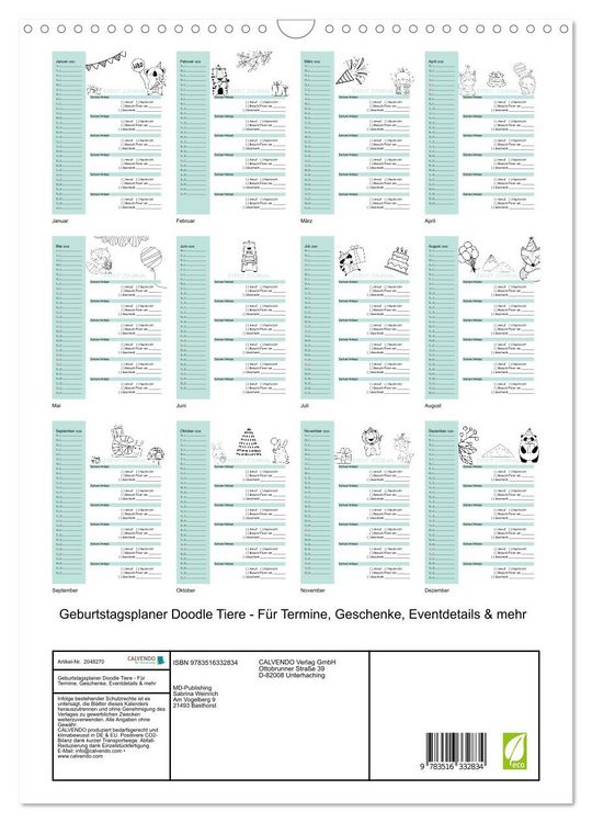 Produktbild: Geburtstagsplaner Doodle Tiere - F&uuml;r Termine, Geschenke, Eventdetails & mehr (Wandkalender 2026 DIN A3 hoch), CALVENDO Monatskalender