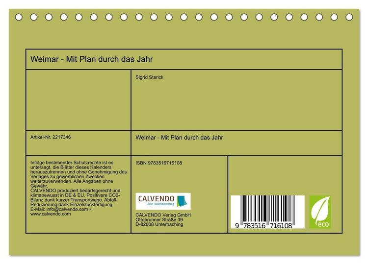 Produktbild: Weimar - Mit Plan durch das Jahr (Tischkalender 2026 DIN A5 quer), CALVENDO Monatskalender