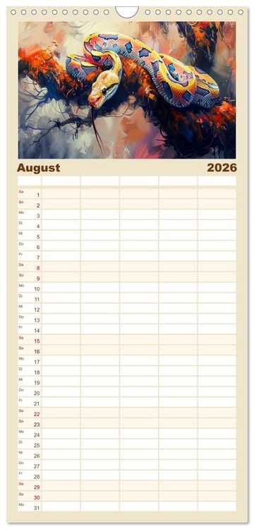 Produktbild: Familienplaner 2026 - Schlangen. Faszination Reptilien. Kunstvolle Paintings mit 5 Spalten (Wandkalender, 21 x 45 cm) CALVENDO