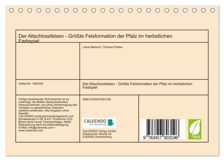 Produktbild: Der Altschlossfelsen - Gr&ouml;&szlig;te Felsformation der Pfalz im herbstlichen Farbspiel (Tischkalender 2026 DIN A5 quer), CALVENDO Monatskalender