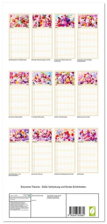 Produktbild: Familienplaner 2026 - Eiscreme-Tr&auml;ume - S&uuml;&szlig;e Verlockung und florale Sch&ouml;nheiten mit 5 Spalten (Wandkalender, 21 x 45 cm) CALVENDO
