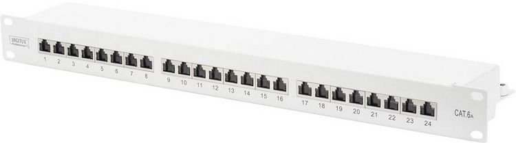 Produktbild: Digitus DN-91624S-EA 24 Port Netzwerk-Patchpanel 483 mm (19") CAT 6a 1 HE Lichtgrau (RAL 7035) Best&uuml;ckt