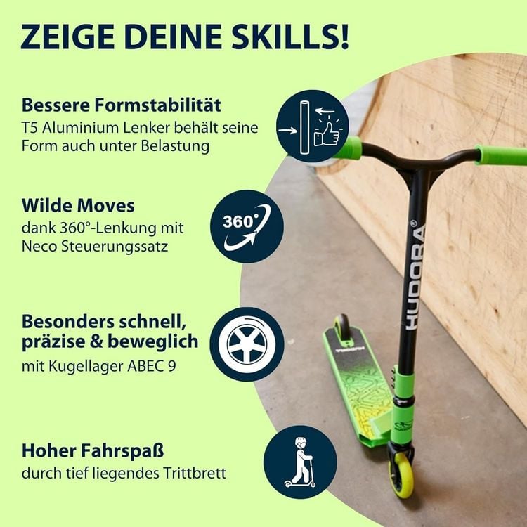 Produktbild: HUDORA 14057 - Stunt Scooter Kids gr&uuml;n, Cityroller f&uuml;r Kinder von ca. 6-10 Jahren