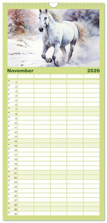 Produktbild: Familienplaner 2026 - Anmutige Schimmel. &Auml;sthetik Aquarell-Pferde mit 5 Spalten (Wandkalender, 21 x 45 cm) CALVENDO