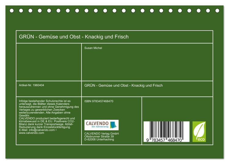 Produktbild: GR&Uuml;N - Gem&uuml;se und Obst - Knackig und Frisch (Tischkalender 2026 DIN A5 quer), CALVENDO Monatskalender