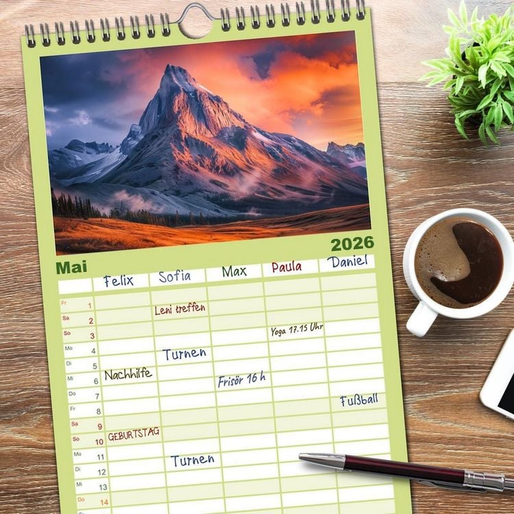 Produktbild: Familienplaner 2026 - Im Reich der Berge mit 5 Spalten (Wandkalender, 21 x 45 cm) CALVENDO