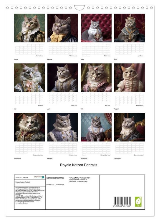 Produktbild: Royale Katzen Portraits (Wandkalender 2026 DIN A3 hoch), CALVENDO Monatskalender