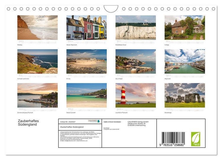 Produktbild: Zauberhaftes S&uuml;dengland (Wandkalender 2026 DIN A4 quer), CALVENDO Monatskalender