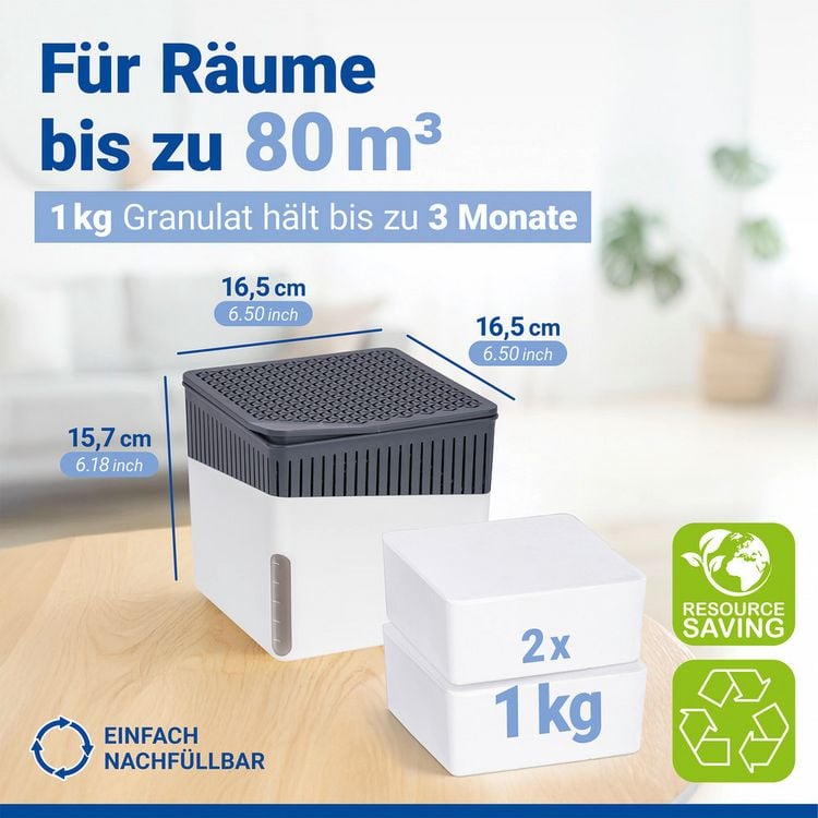 Produktbild: Raumentfeuchter Mod. Cube Wei&szlig; 1000 g mit Nachf&uuml;ller, beugt Schimmel und Ger&uuml;chen vor