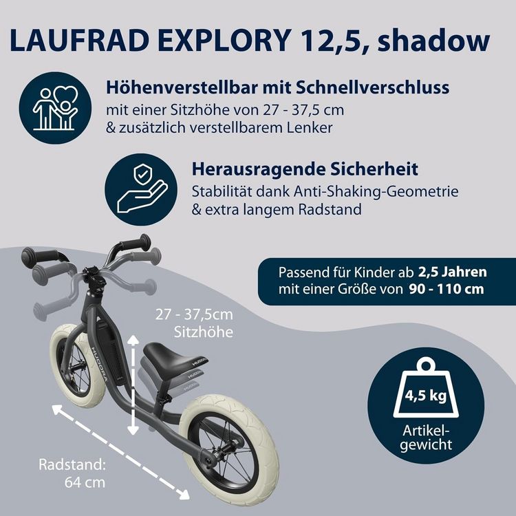 Produktbild: HUDORA 10933 - Laufrad Explory 12 shadow, f&uuml;r Kinder von 90-110 cm, Sitzh&ouml;he: 27-37,5 cm
