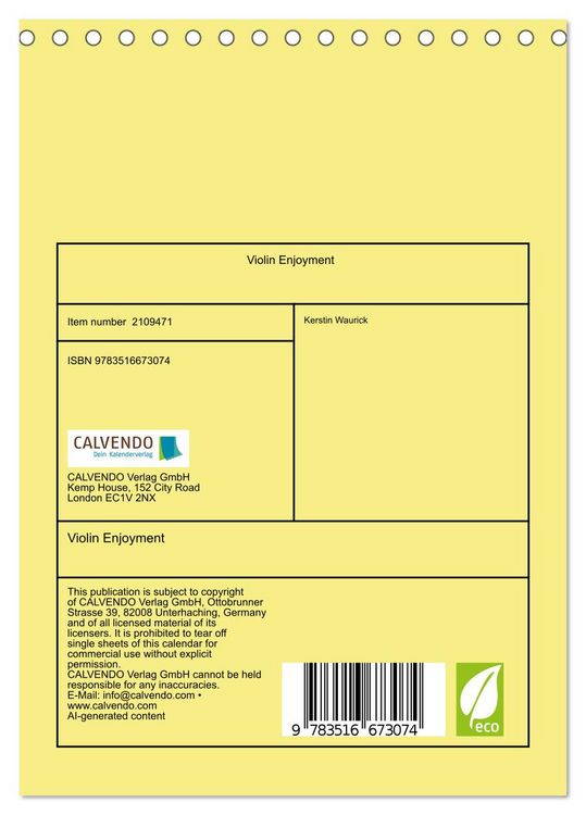 Produktbild: Violin Enjoyment (Desk Calendar 2026 DIN A5 portrait), CALVENDO 12 Month DeskCalendar