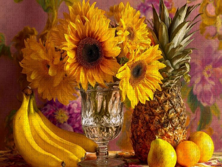 Produktbild: CALVENDO Puzzle Stillleben in Gelb mit Sonnenblumen, Bananen und Ananas | 1000 Teile Lege-Gr&ouml;&szlig;e 64x48cm Foto-Puzzle f&uuml;r gl&uuml;ckliche Stunden
