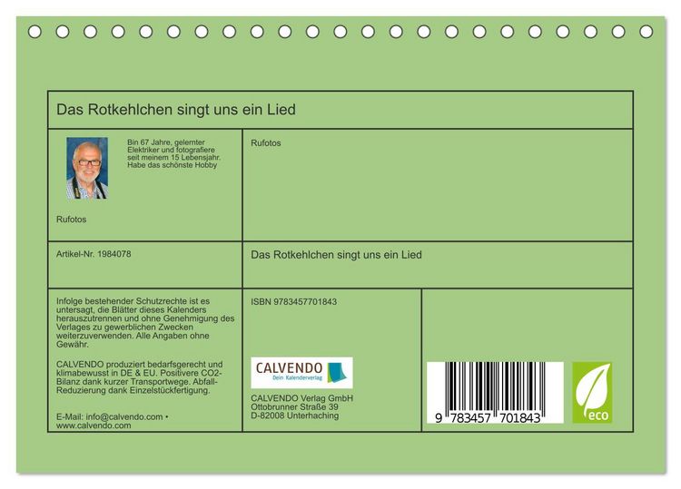 Produktbild: Das Rotkehlchen singt uns ein Lied (Tischkalender 2026 DIN A5 quer), CALVENDO Monatskalender