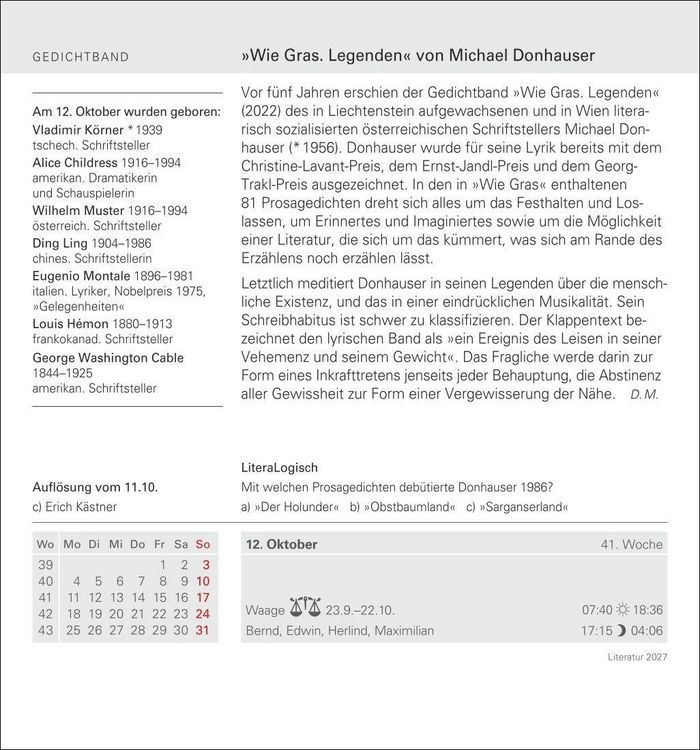 Produktbild: Literatur Tagesabrei&szlig;kalender 2027 - Kulturkalender - Autoren, Werke, H&ouml;rb&uuml;cher