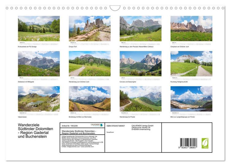 Produktbild: Wanderziele S&uuml;dtiroler Dolomiten - Region Gadertal und Buchenstein (Wandkalender 2026 DIN A3 quer), CALVENDO Monatskalender