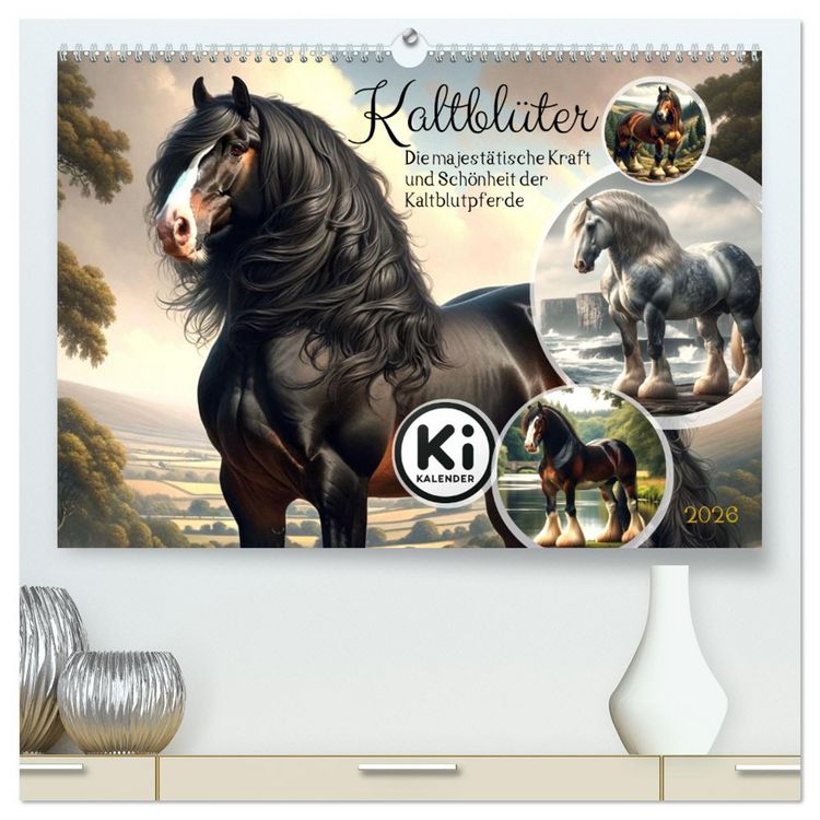 Produktbild: Kaltbl&uuml;ter - Die majest&auml;tische Kraft und Sch&ouml;nheit der Kaltblutpferde (hochwertiger Premium Wandkalender 2026 DIN A2 quer), Kunstdruck in Hochglanz
