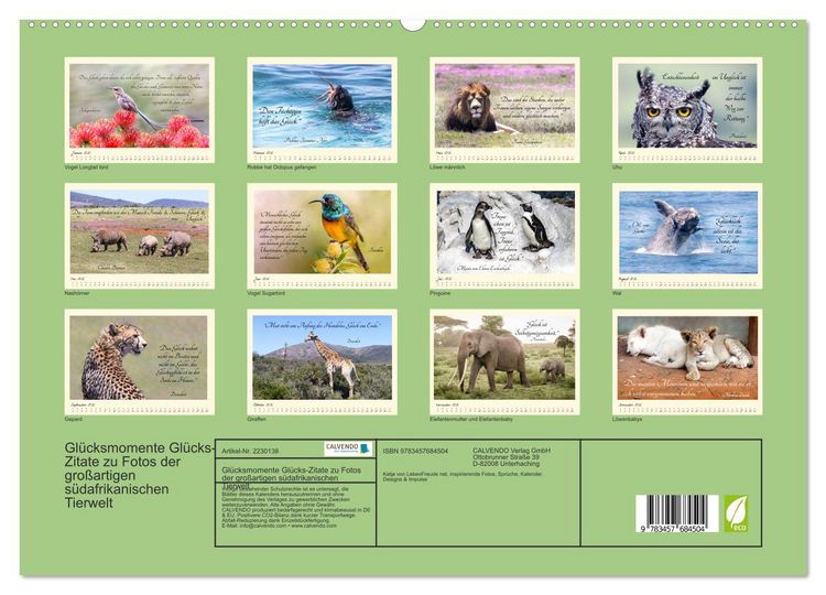 Produktbild: Gl&uuml;cksmomente Gl&uuml;cks-Zitate zu Fotos der gro&szlig;artigen s&uuml;dafrikanischen Tierwelt (hochwertiger Premium Wandkalender 2026 DIN A2 quer), Kunstdruck in Hochglanz