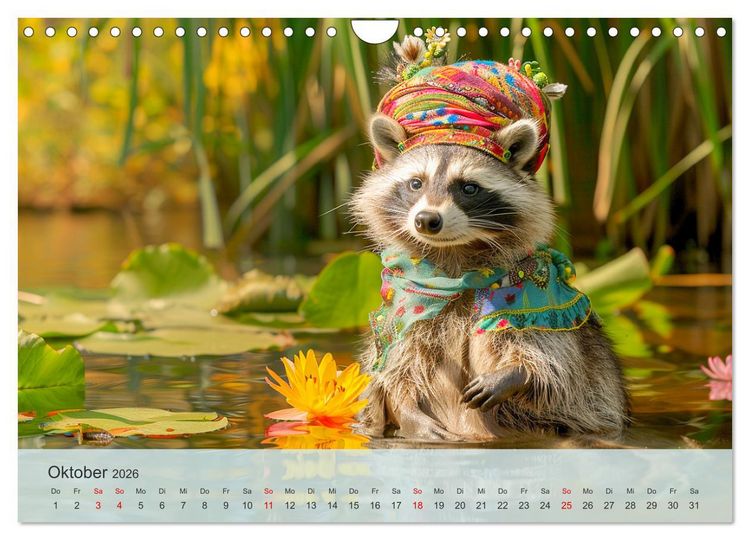 Produktbild: Niedlicher Waschb&auml;ren-Style. Modisch, elegant und blumig (Wandkalender 2026 DIN A4 quer), CALVENDO Monatskalender