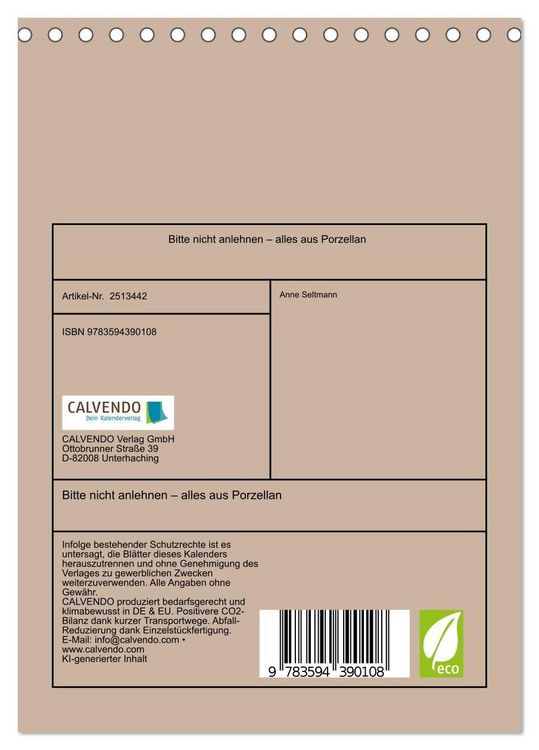 Produktbild: Bitte nicht anlehnen &ndash; alles aus Porzellan (Tischkalender 2027 DIN A5 hoch), CALVENDO Monatskalender