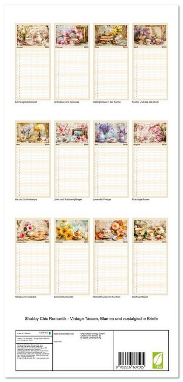 Produktbild: Familienplaner 2026 - Shabby Chic Romantik - Vintage Tassen, Blumen und nostalgische Briefe mit 5 Spalten (Wandkalender, 21 x 45 cm) CALVENDO