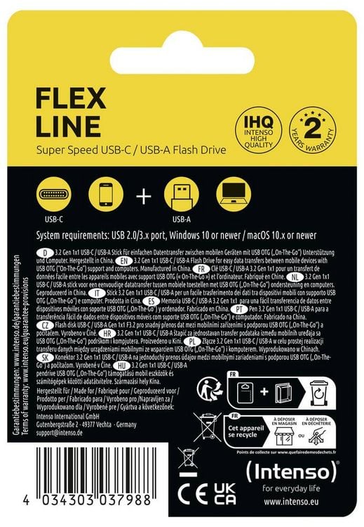 Produktbild: Intenso Flex Line USB-Stick Retail 128 GB Schwarz 3544491 USB-A (USB 3.2 Gen 1), USB-C&reg; (USB 3.2 Gen 1)