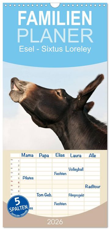 Produktbild: Familienplaner 2026 - Esel - Sixtus Loreley mit 5 Spalten (Wandkalender, 21 x 45 cm) CALVENDO